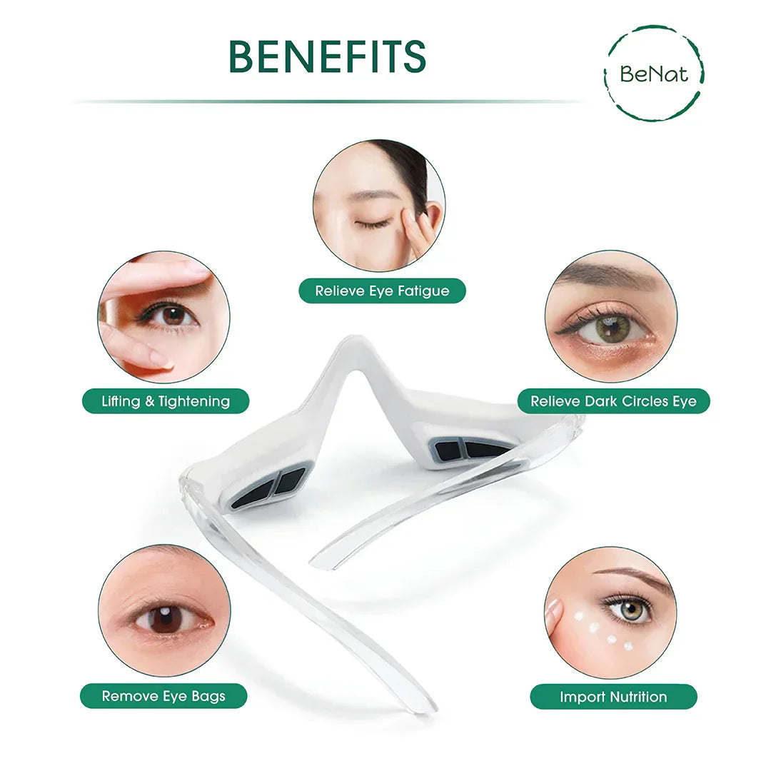 White eye massage glasses with benefits listed: relieve eye fatigue, reduce dark circles, remove eye bags, lifting and tightening, import nutrition. Featured by Qu!rk Boutique & Gift Shop for sustainable self-care.