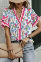 Floral Print Ruffle V-Neck Short Sleeve Loose Tunic Shirt - Qu!rk Boutique