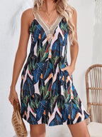 Tropical Leaf Print V-Neck Sleeveless Dress - Qu!rk Boutique