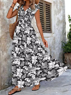 Full Size Printed V-Neck Tiered Maxi Dress Plus Size - Qu!rk Boutique