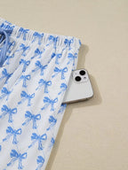 Bow Print Long Sleeve Shirt and Pants Pajama Set - Qu!rk Boutique