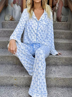 Bow Print Long Sleeve Shirt and Pants Pajama Set - Qu!rk Boutique