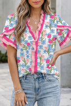 Floral Print Ruffle V-Neck Short Sleeve Loose Tunic Shirt - Qu!rk Boutique