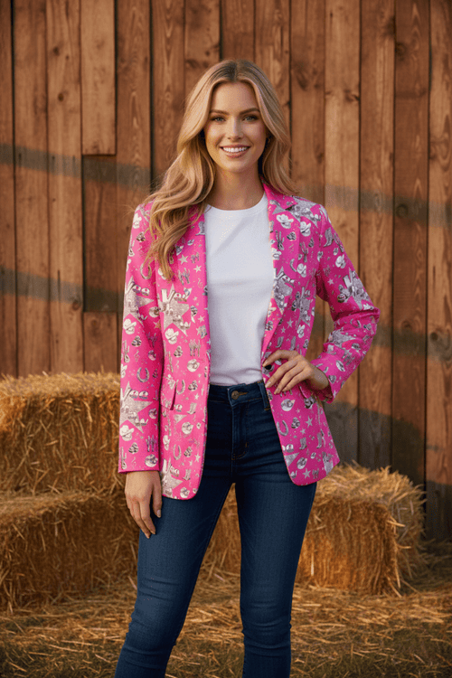 Baha Ranch Hot Pink YEEHAW Rhinestone Cowgirl Blazer - Qu!rk Boutique