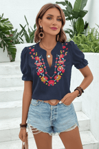 Floral Embroidered Puff Sleeve Blouse - Qu!rk Boutique