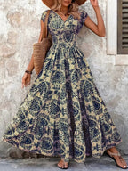 Full Size Printed V-Neck Tiered Maxi Dress Plus Size - Qu!rk Boutique