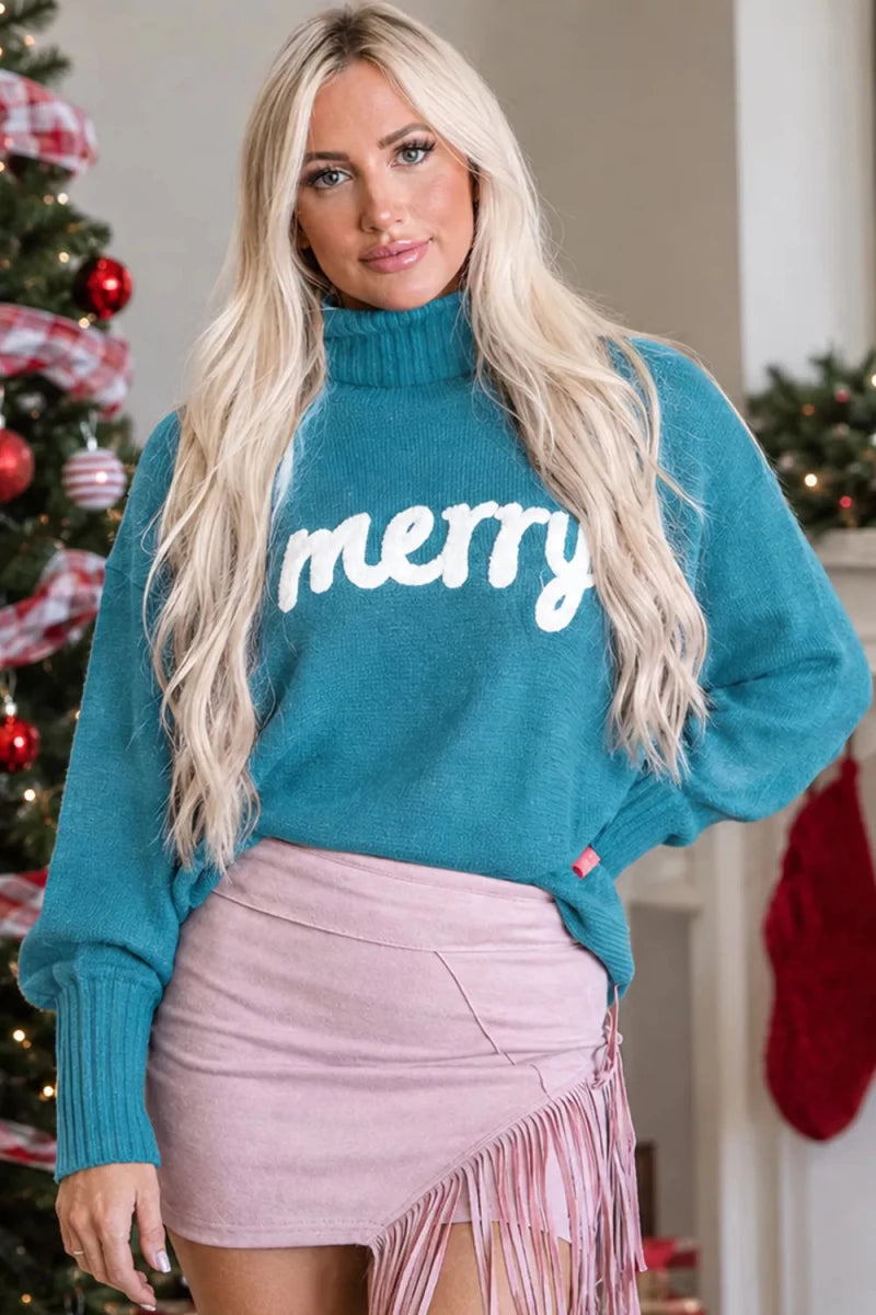 Double Take Full Size Merry Christmas Turtleneck Long Sleeve Sweater - Qu!rk Boutique