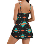 Baha Ranch Turquoise Orange Aztec Skirted Swimsuit - Qu!rk Boutique