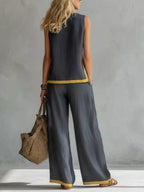 Full Size Contrast Stripe Sleeveless Top & Wide-Leg Pants Set Plus Size - Qu!rk Boutique