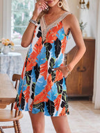 Tropical Leaf Print V-Neck Sleeveless Dress - Qu!rk Boutique