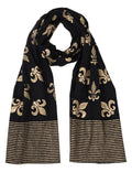 Black scarf with gold fleur-de-lis pattern and striped border, Qu!rk Boutique accessory