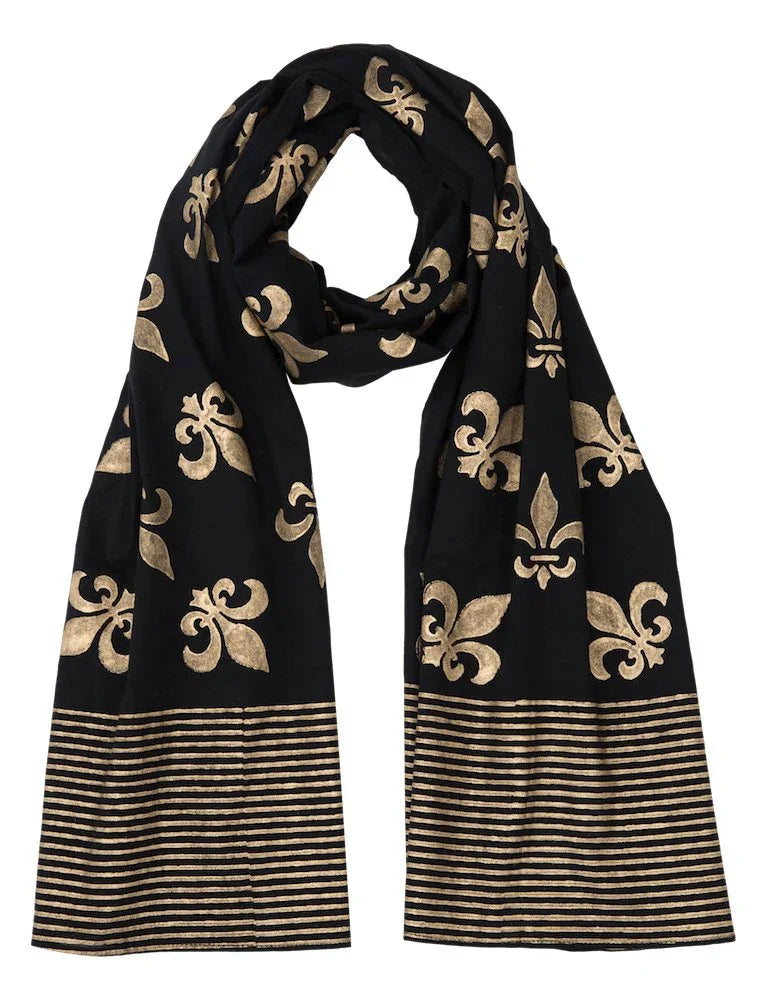 Black scarf with gold fleur-de-lis pattern and striped border, Qu!rk Boutique accessory