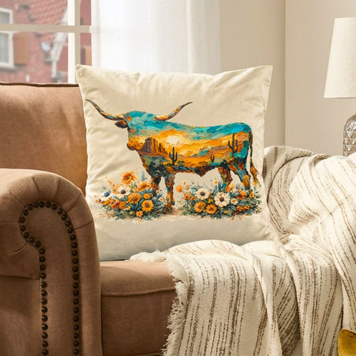 Baha Ranch Velvety Soft Painted Longhorn Pillow Cover Made in America - Qu!rk Boutique