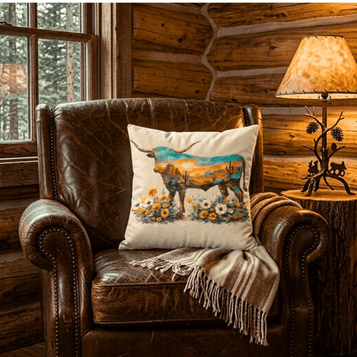 Baha Ranch Velvety Soft Painted Longhorn Pillow Cover Made in America - Qu!rk Boutique