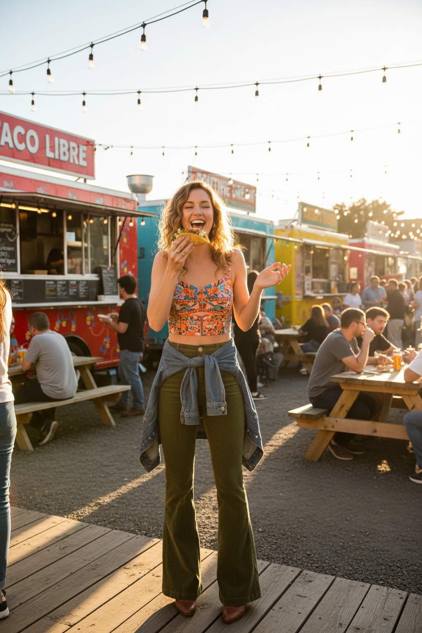 Food Truck Pod - Green Corduroy Flare Pants