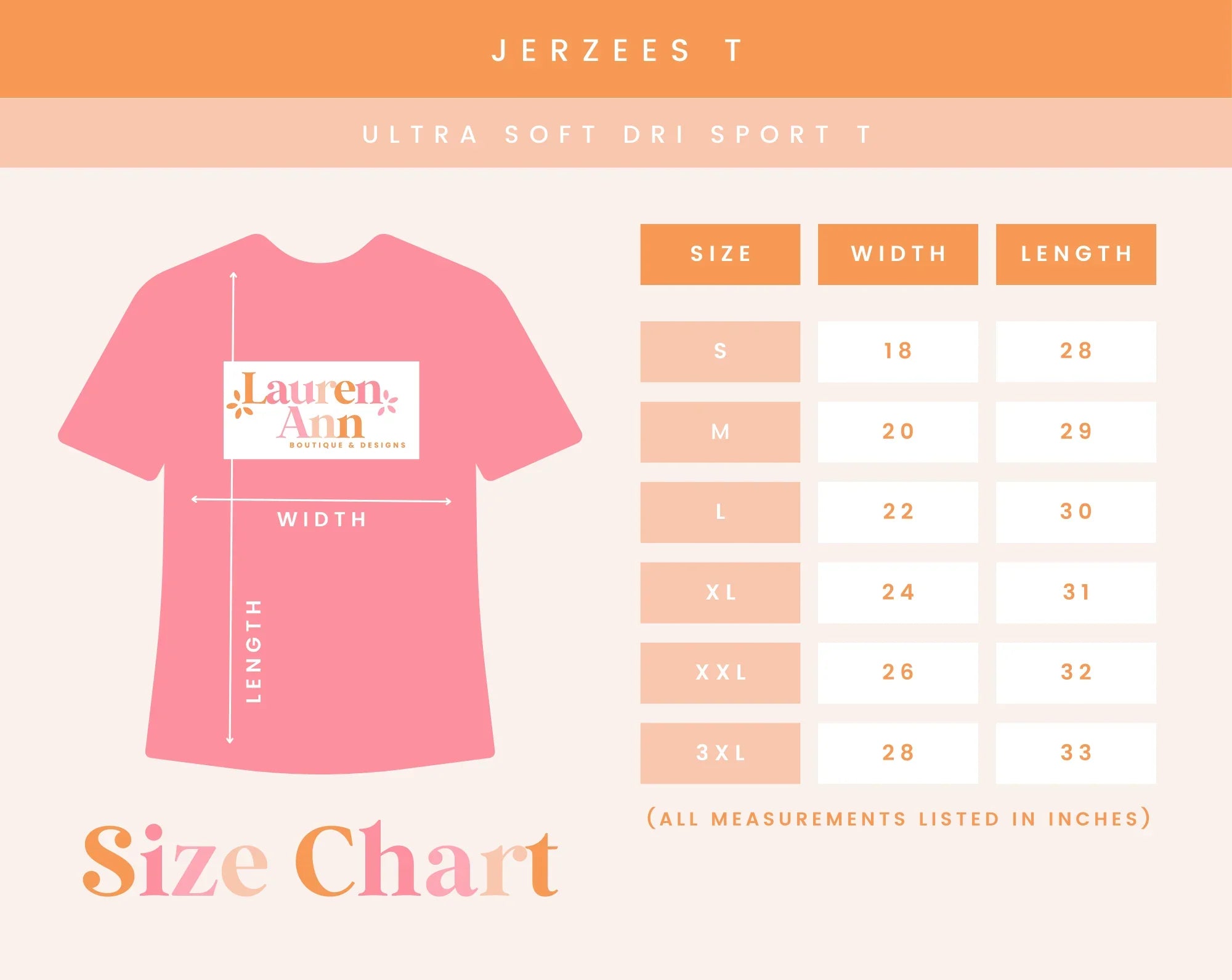 Size chart for Jerzees ultra soft dri sport t-shirt in pink, showing width and length in inches for sizes S to 3XL.