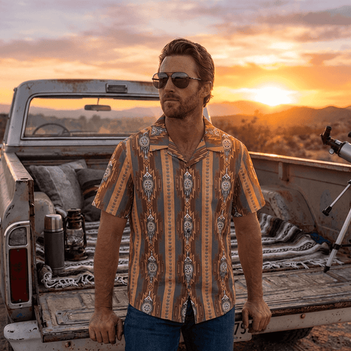 Baha Ranch Mocha Aztec Hawaiian Shirt Made in America - Qu!rk Boutique