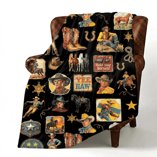 Baha Ranch Vintage Cowboy Collage Western Ultra Soft Minky Throw Blanket 60" x 80" Made in America - Qu!rk Boutique