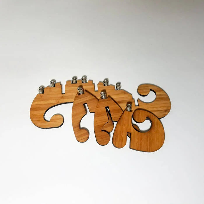 Wooden f-holes for string instruments with metal tuning pegs on white background