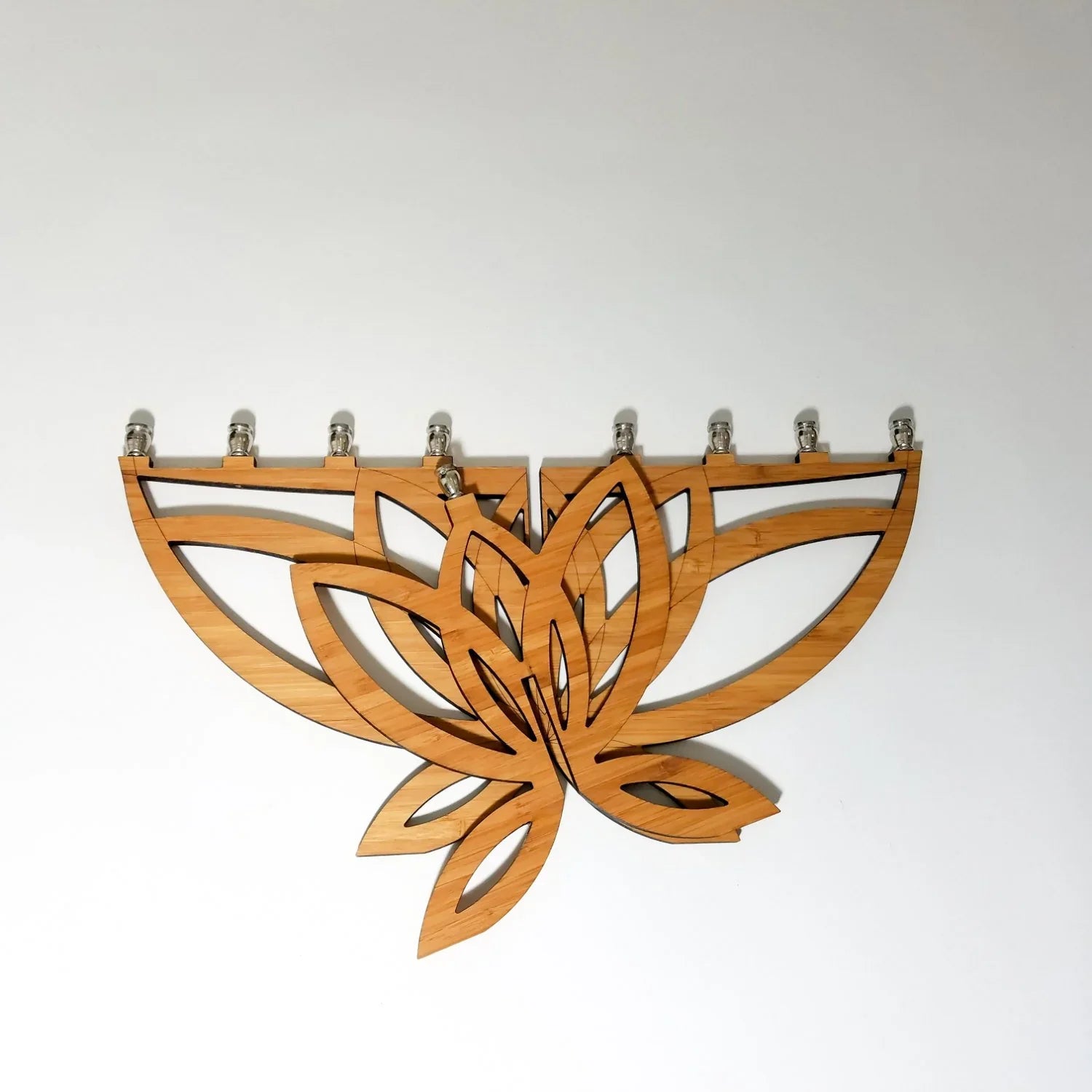 Wooden lotus flower menorah with eight candle holders, modern Hanukkah decoration