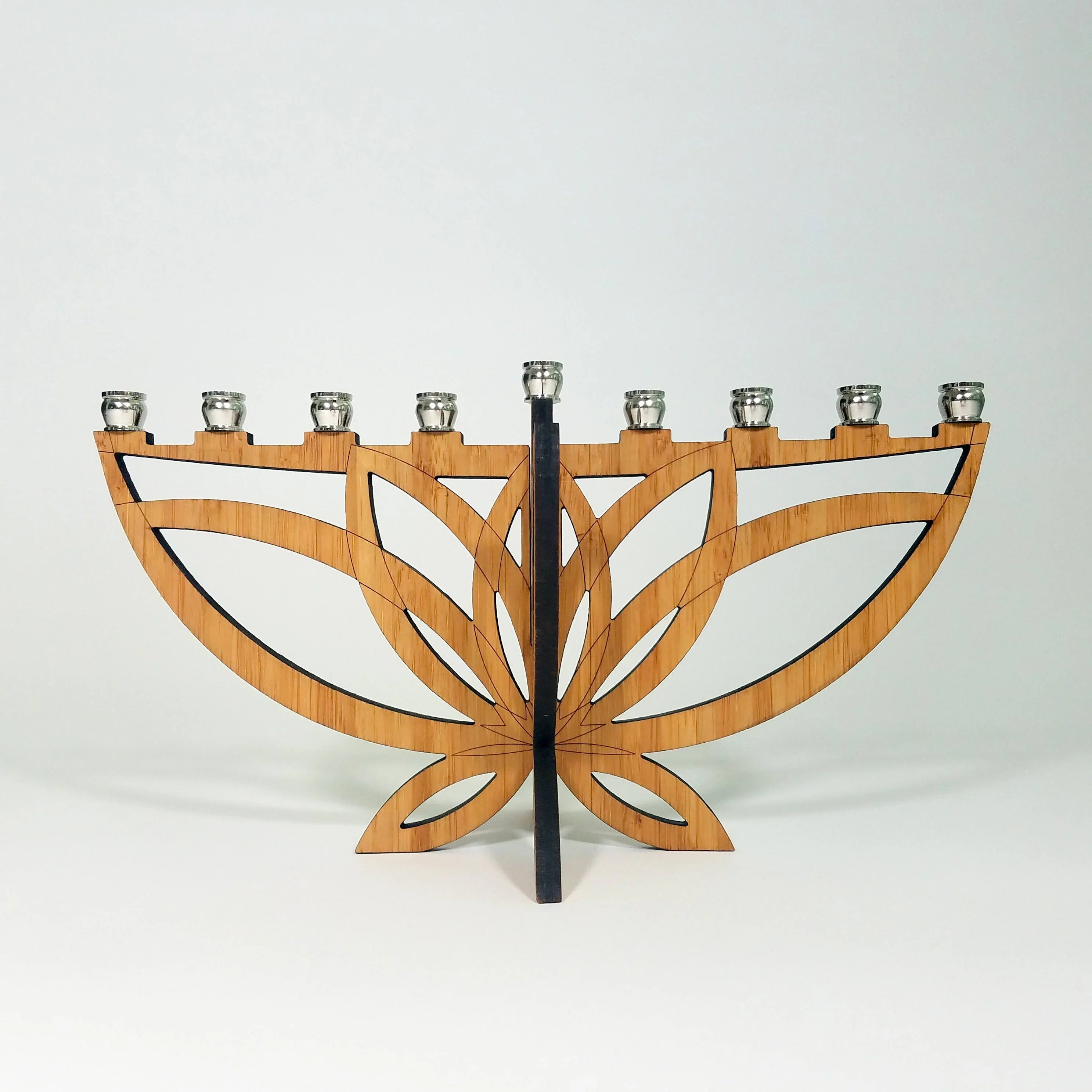 Wooden lotus flower shaped Hanukkah menorah with nine silver candle holders
