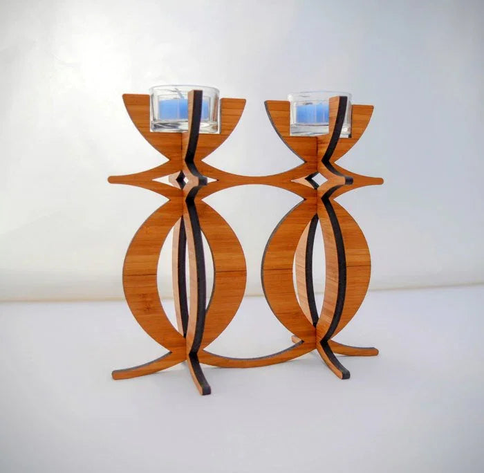 Eco-friendly bamboo wood candelabra tea light holder, modern table centerpiece, Qu!rk Boutique
