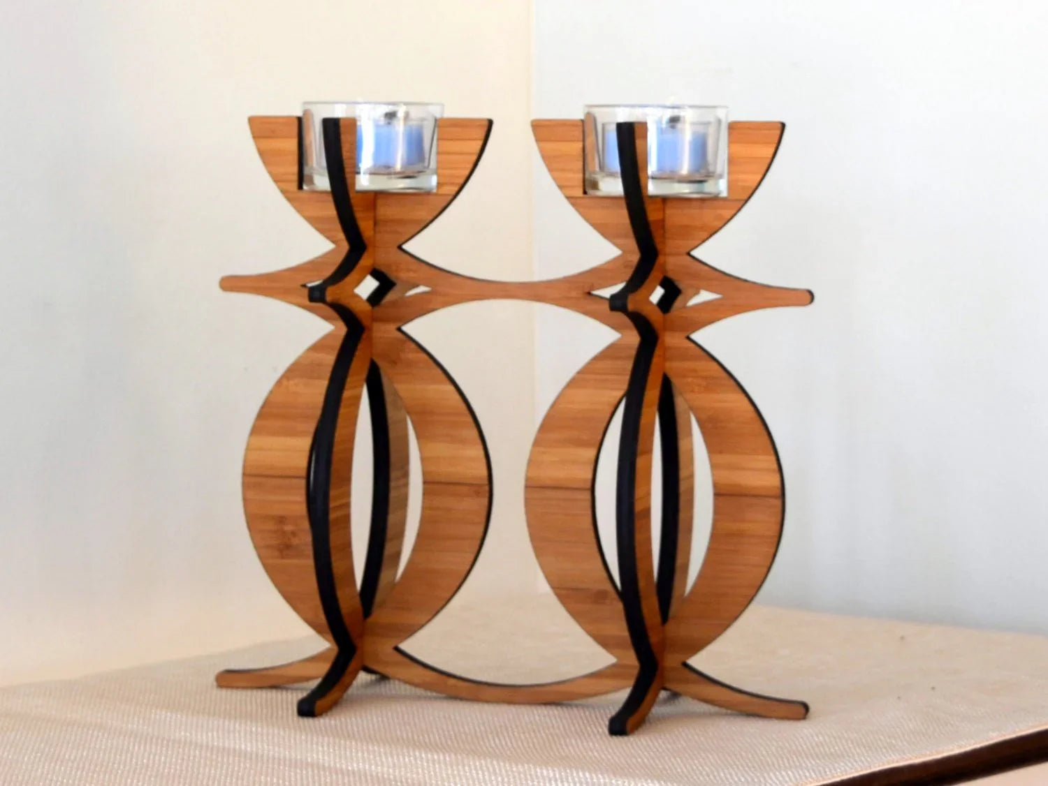 Eco-friendly bamboo candelabra tea light holder, modern table centerpiece, Qu!rk Boutique