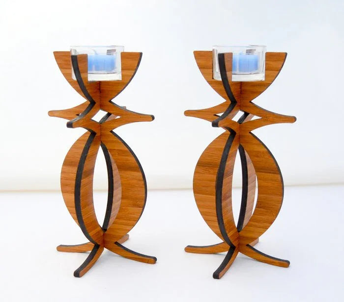 Eco-friendly bamboo wood candelabra tea light holders with modern sculptural design