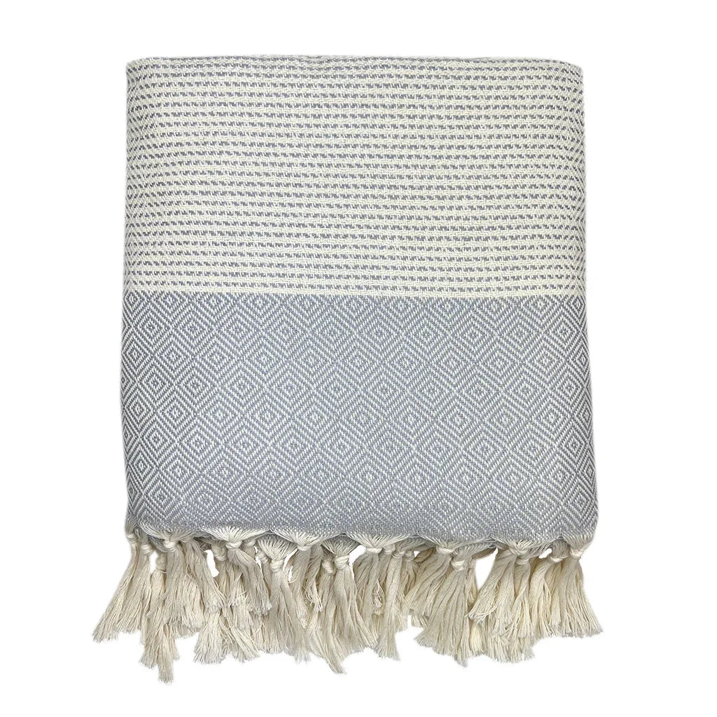 Gray diamond-pattern throw blanket with white fringe, folded, on white background.