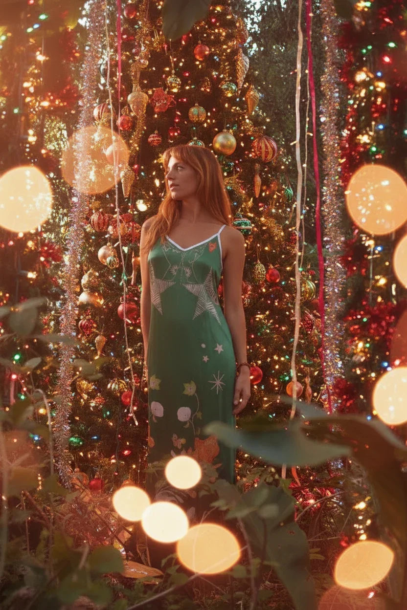 Woman in green maxi dress with star and floral prints standing by decorated Christmas tree with lights