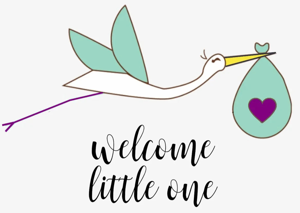 Illustration of a stork carrying a teal bundle with purple heart and text Welcome little one in script