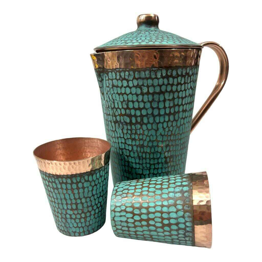 Handcrafted turquoise and copper water jug with two tumblers, artisan drinkware at Qu!rk Boutique