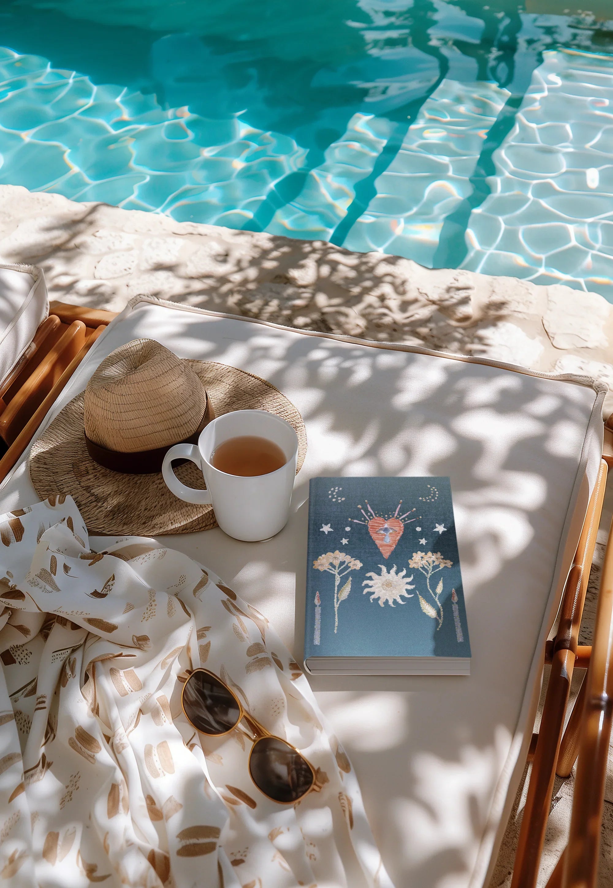 Poolside lounge with sunhat, tea cup, book with celestial cover, sunglasses, and patterned scarf
