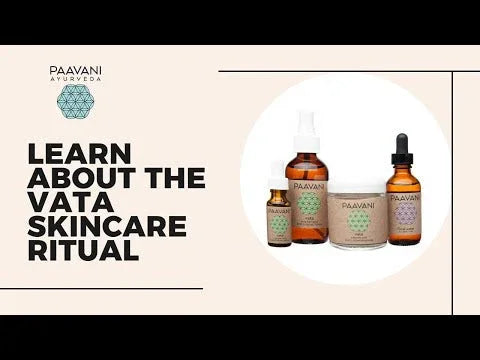 Paavani Ayurveda Vata Skincare Ritual products with text 'Learn About the Vata Skincare Ritual', boutique gift shop style