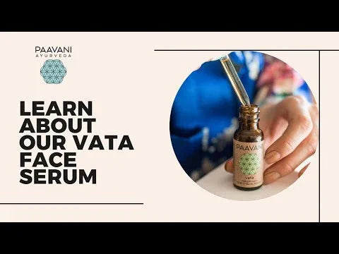 Paavani Ayurveda Vata Face Serum bottle with dropper, hand holding product, skincare promotion