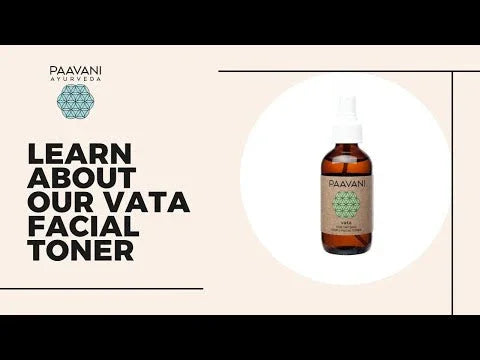 Paavani Ayurveda Vata facial toner product bottle next to 'Learn about our Vata facial toner' text, natural skincare