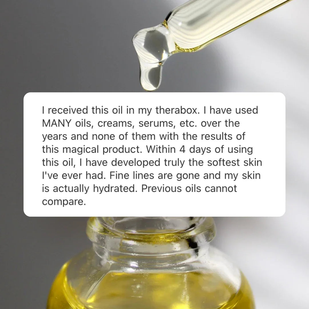 Dropper dispensing facial oil into clear bottle, customer review overlay about hydrating results.