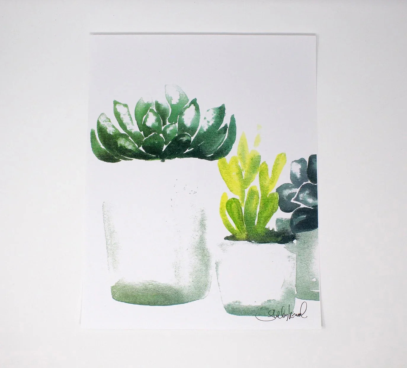 Watercolor print of green succulents in white pots, cosmic-inspired wall art by Qu!rk Boutique.