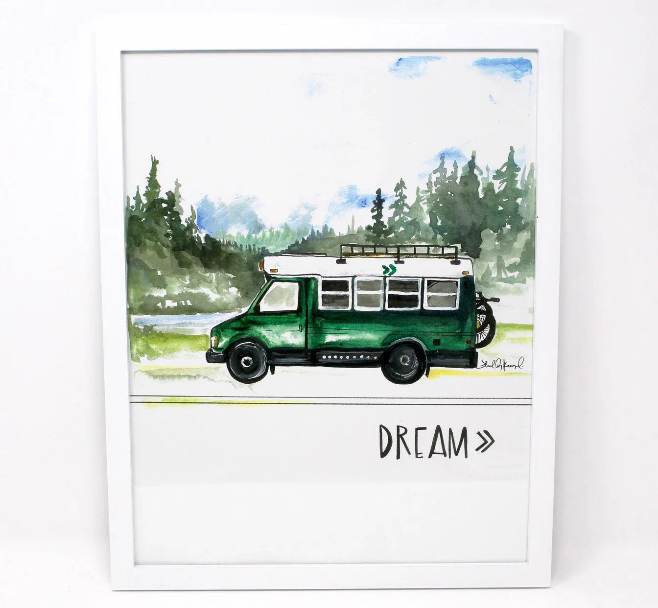 Green camper van art print with 'Dream' text, forest background, adventure decor at Qu!rk Boutique