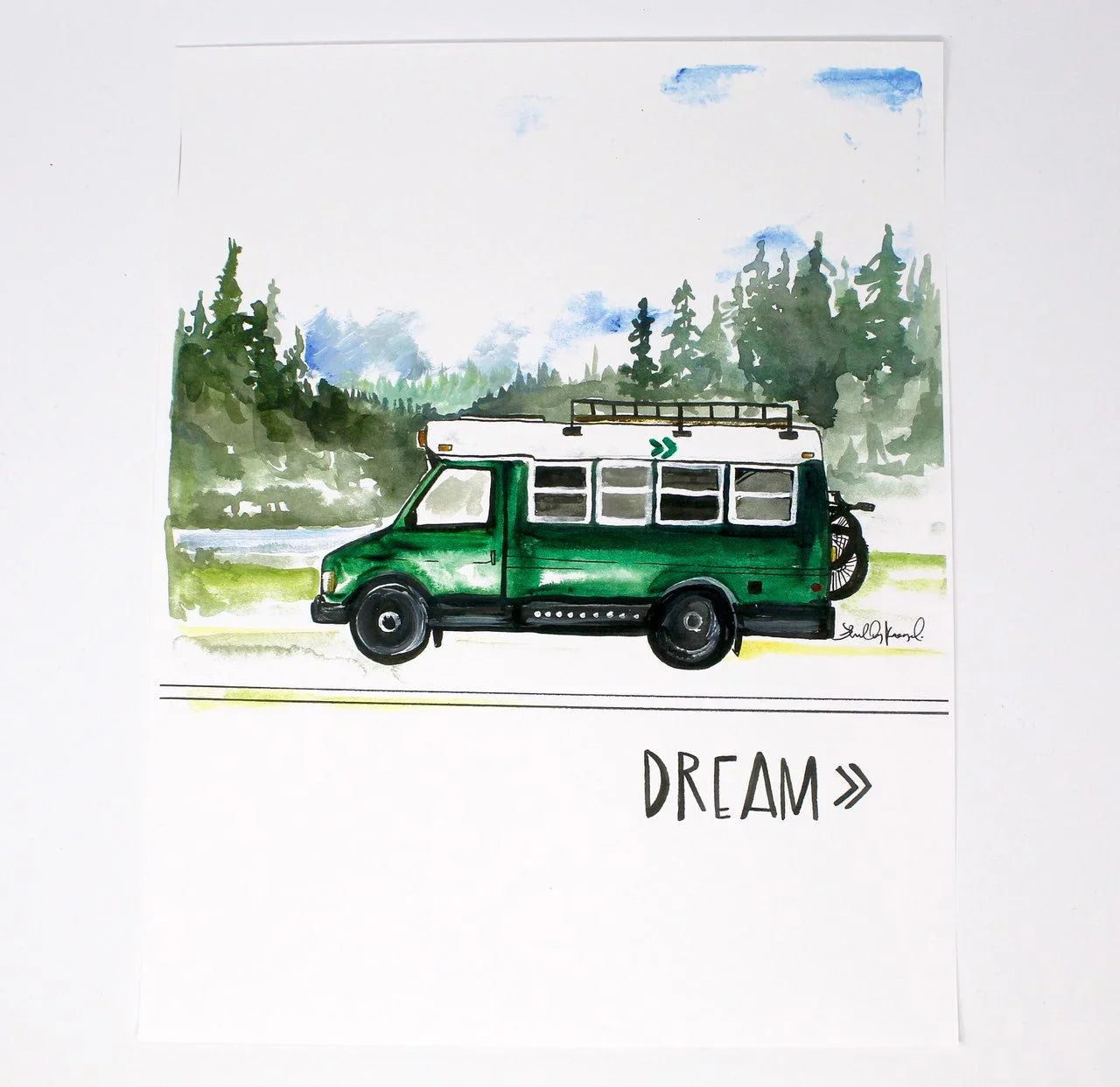 Watercolor art of a green camper van by a forest with 'DREAM' text, cosmic whimsy style.