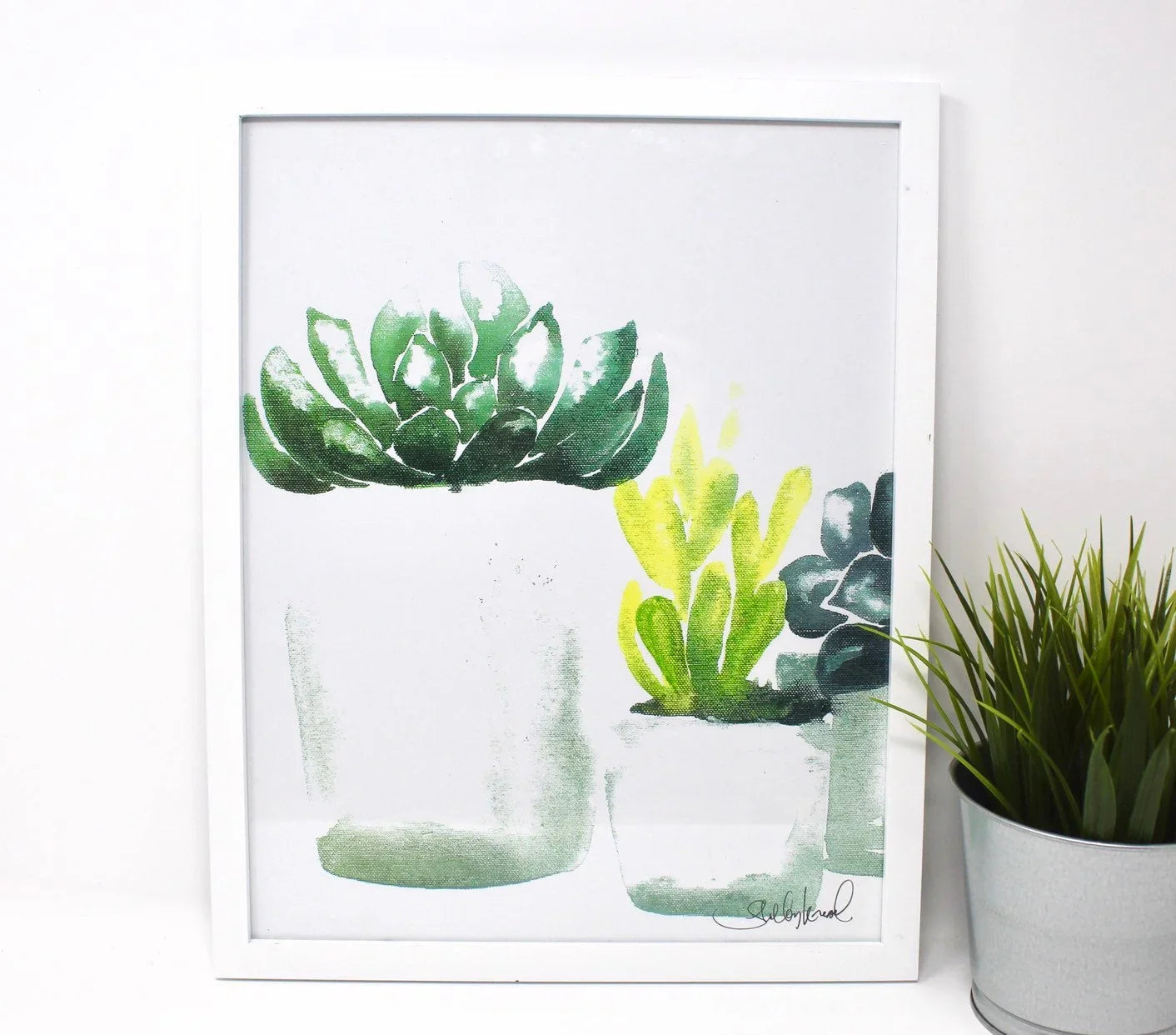 Framed succulent watercolor art print with green potted plant, minimalist decor style