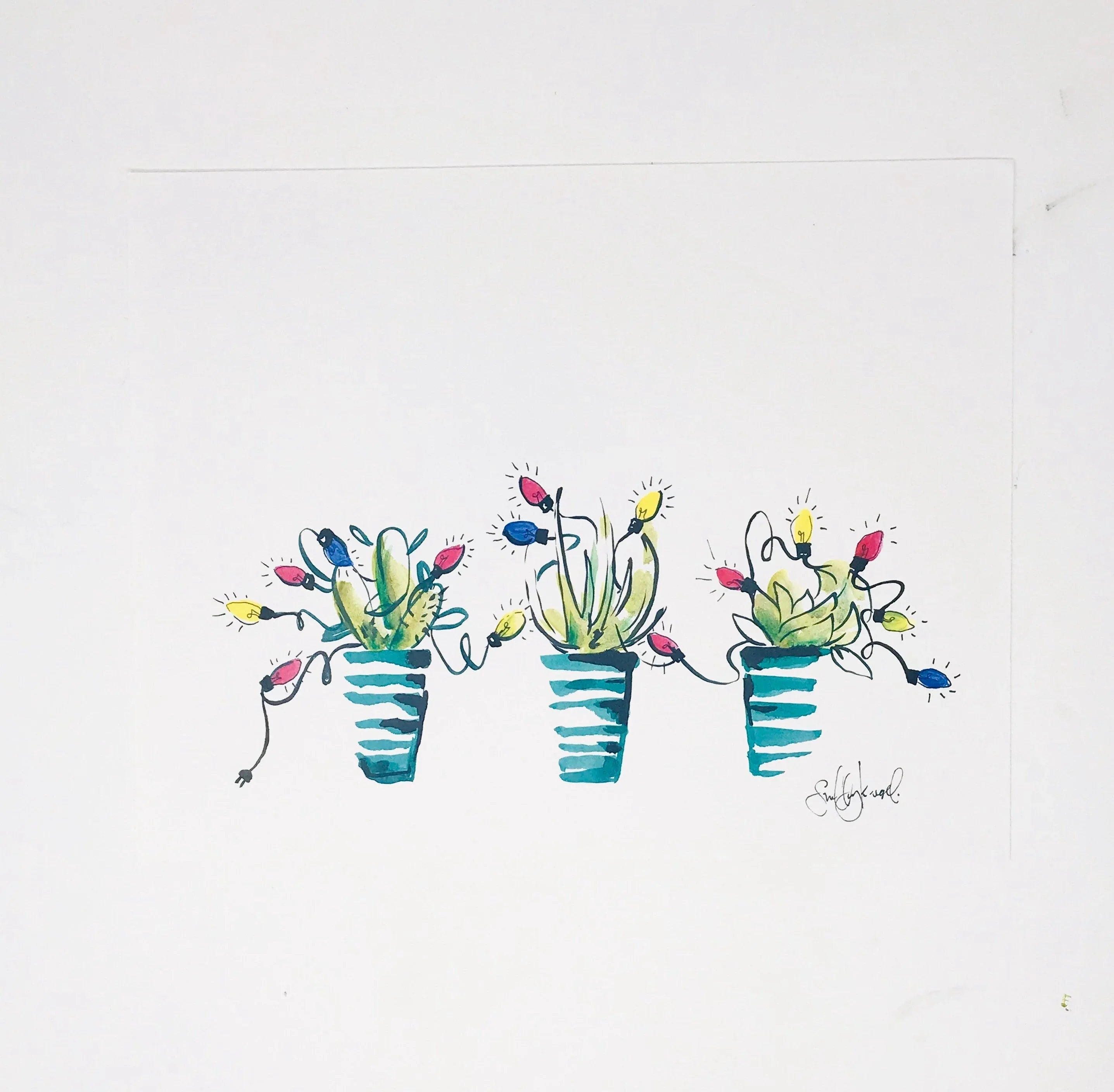 Watercolor illustration of three potted succulents wrapped in colorful string lights on white background
