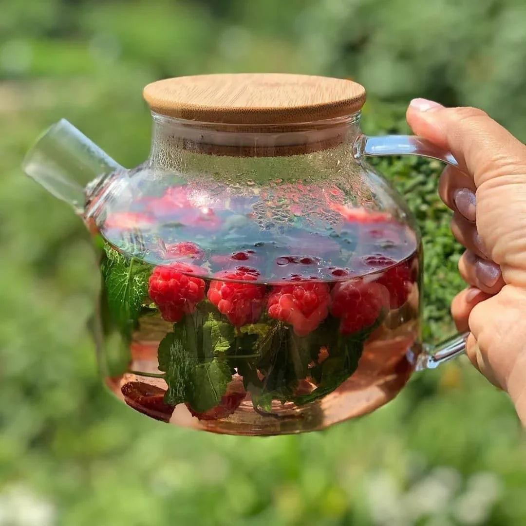 Hand holding a glass teapot with fresh raspberries and mint, outdoors in natural light