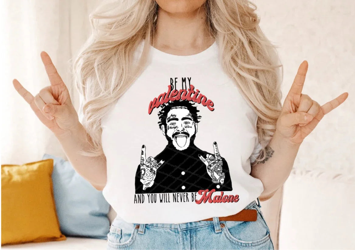 Woman in white graphic tee with Valentine-themed design, cosmic boutique style, casual home setting