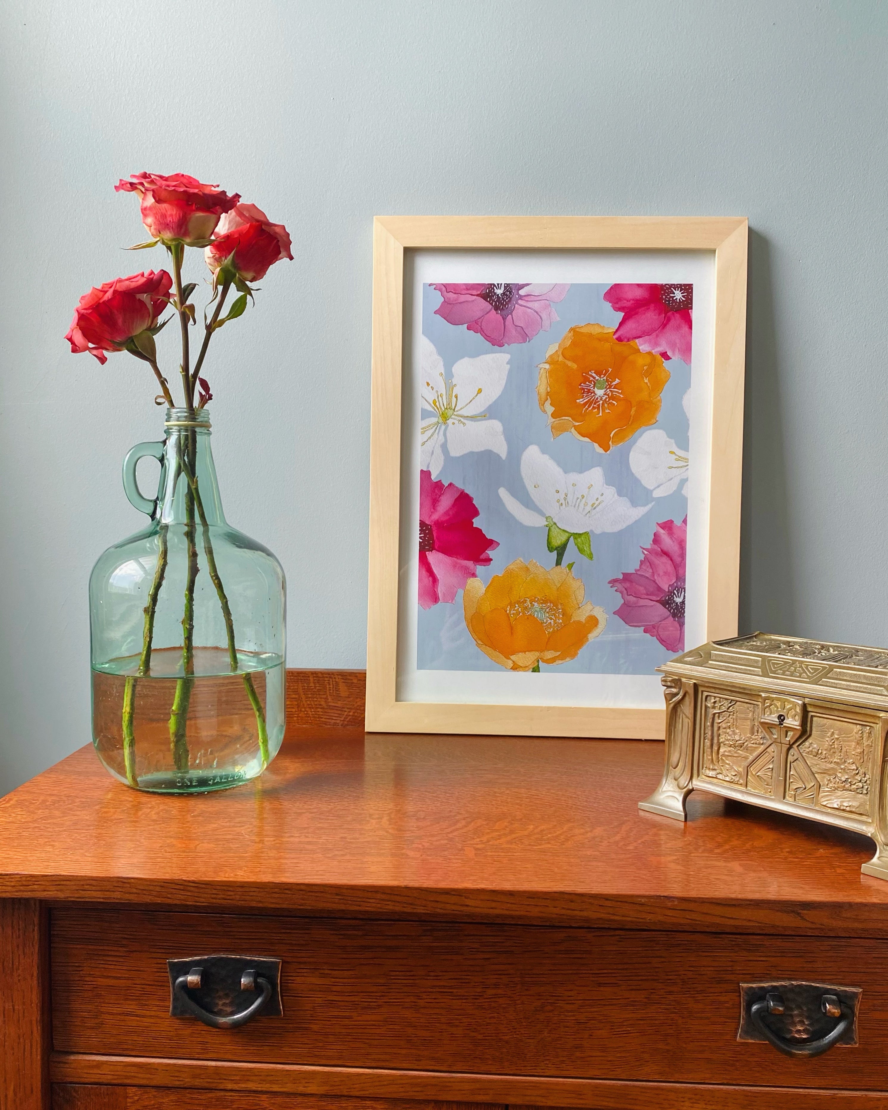 Art Print:  Cactus Flowers on Grey