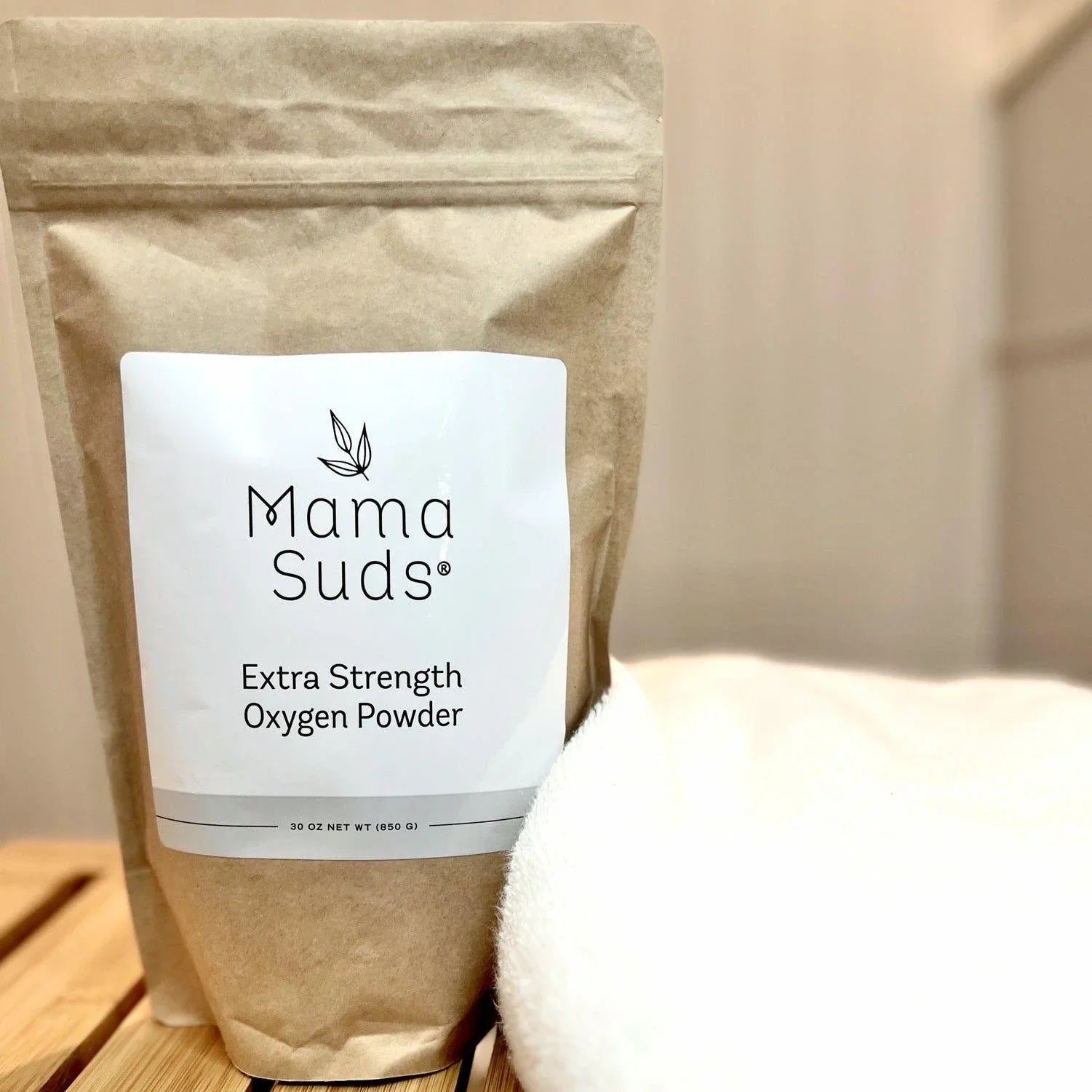 Mama Suds Extra Strength Oxygen Powder eco-friendly laundry cleaner on wooden surface, Qu!rk Boutique