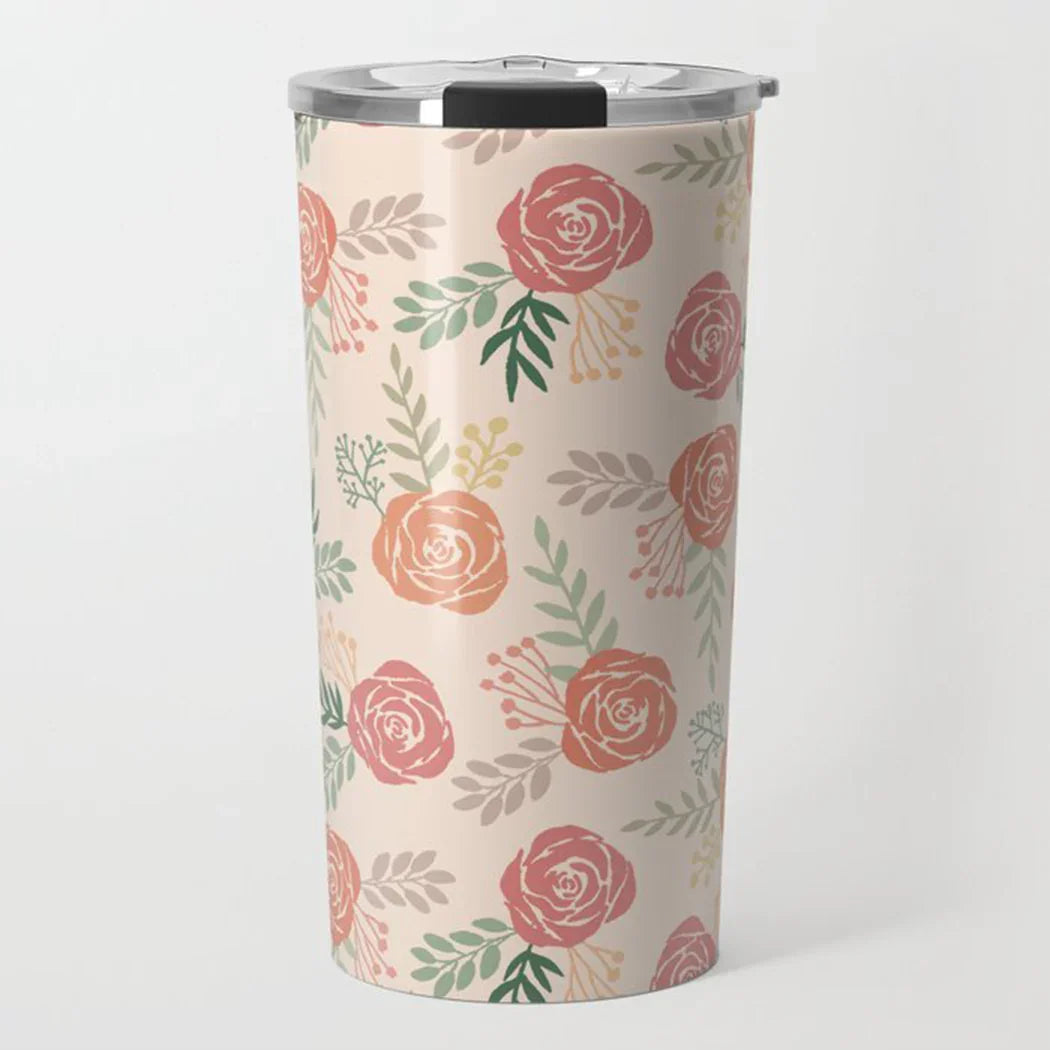 Cream tumbler with floral pattern of red and orange roses and green leaves, stainless steel lid