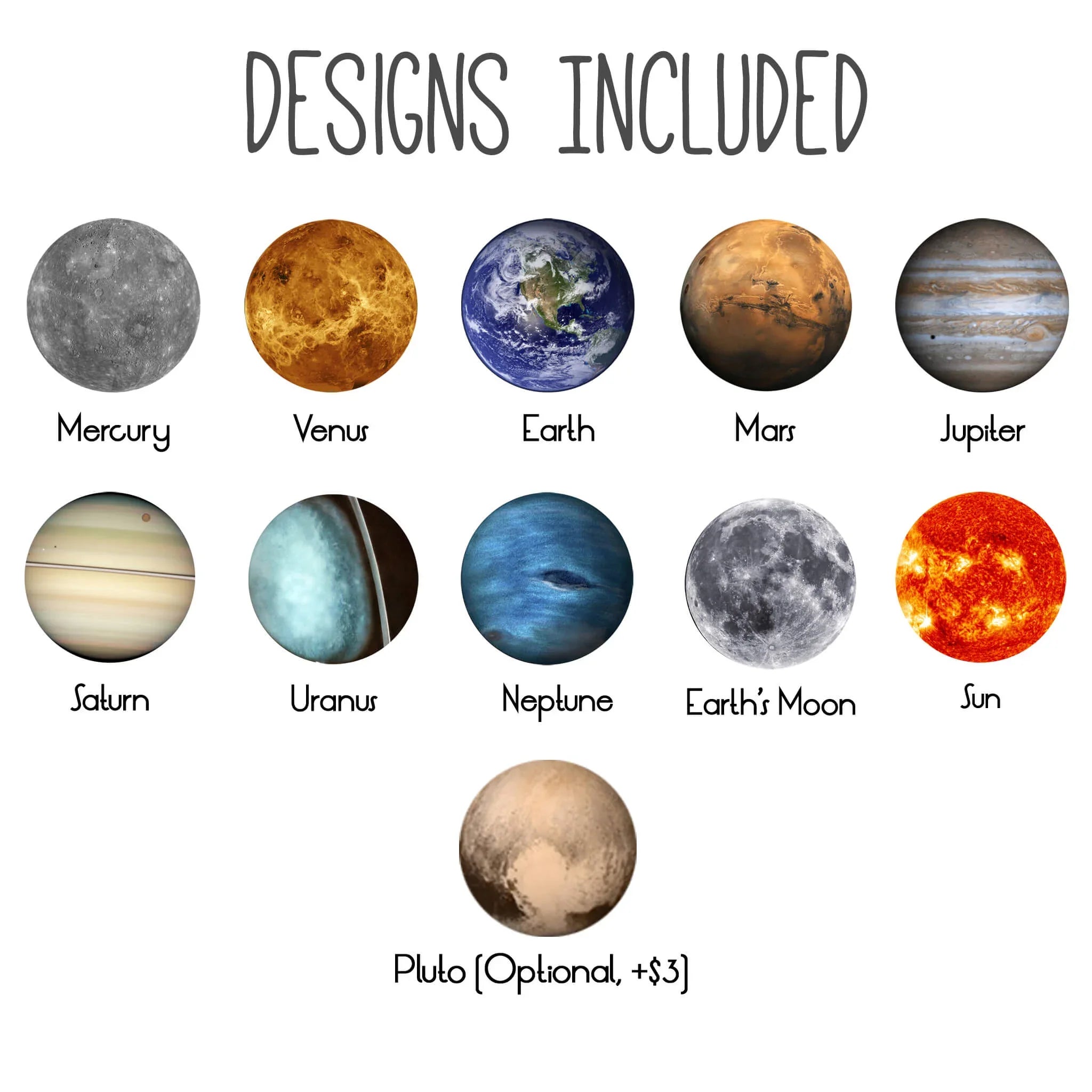 Solar system planets and sun designs included: Mercury to Pluto with labeled colorful planet images