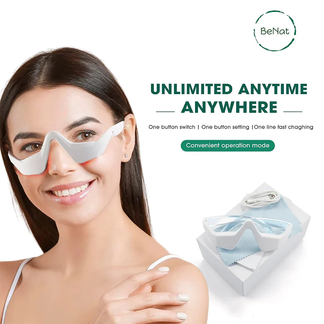 Woman wearing innovative white eye mask device with smile, product box and accessories shown, BeNat branding, modern wellness self-care gadget.