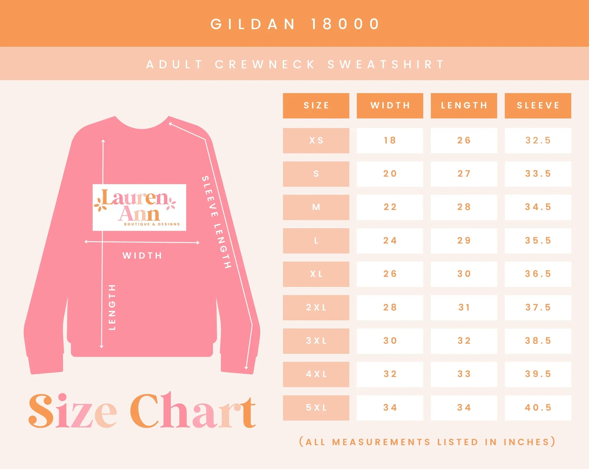 Gildan 18000 pink adult crewneck sweatshirt size chart with width, length, sleeve measurements in inches.